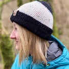 Fisherman style beanie hat in black and colour speckled white wool (unisex)