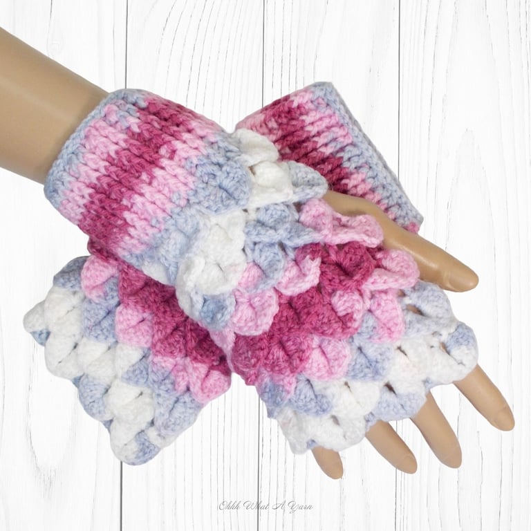 Crochet gloves. Pink, grey and white dragon scale gloves. Fingerless gloves.