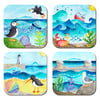 Set of 4 Coasters - Seaside Watercolours from Scotland - Puffin, Seagull, Boats