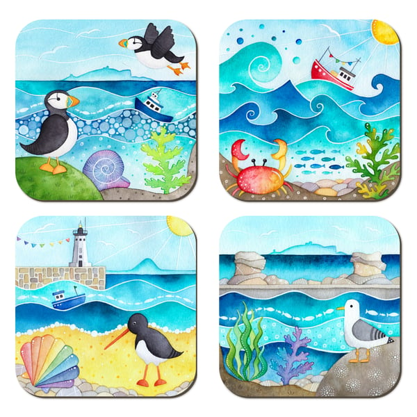 Seaside Coasters (Set of 4) Scottish Watercolour Art. Seagull, Puffin, East Neuk