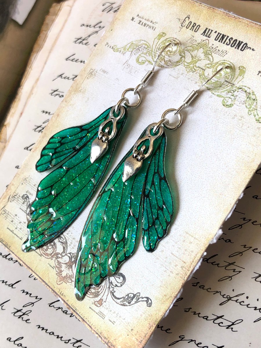Dark Green Sparkling Double Fairy Wing Goddess Earrings Sterling Silver