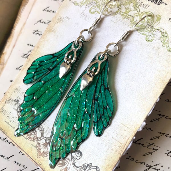Dark Green Sparkling Double Fairy Wing Goddess Earrings Sterling Silver