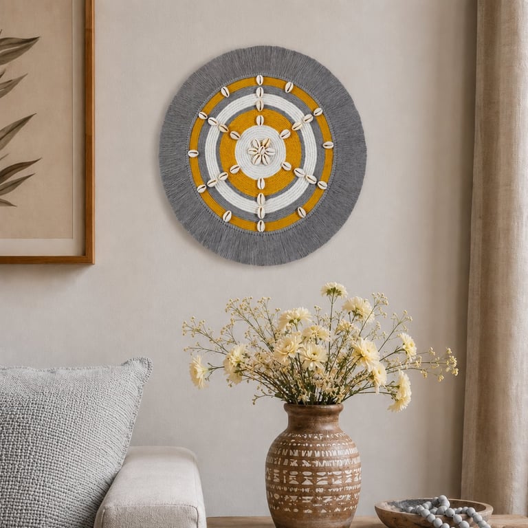 "Inyanga 2" - Yellow & Grey Shell Macrame Wall, Shelf & Console Table Decor