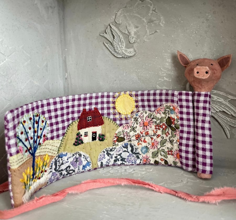 Pigs in blankets mixed media paper mache pig in hand stitched blanket