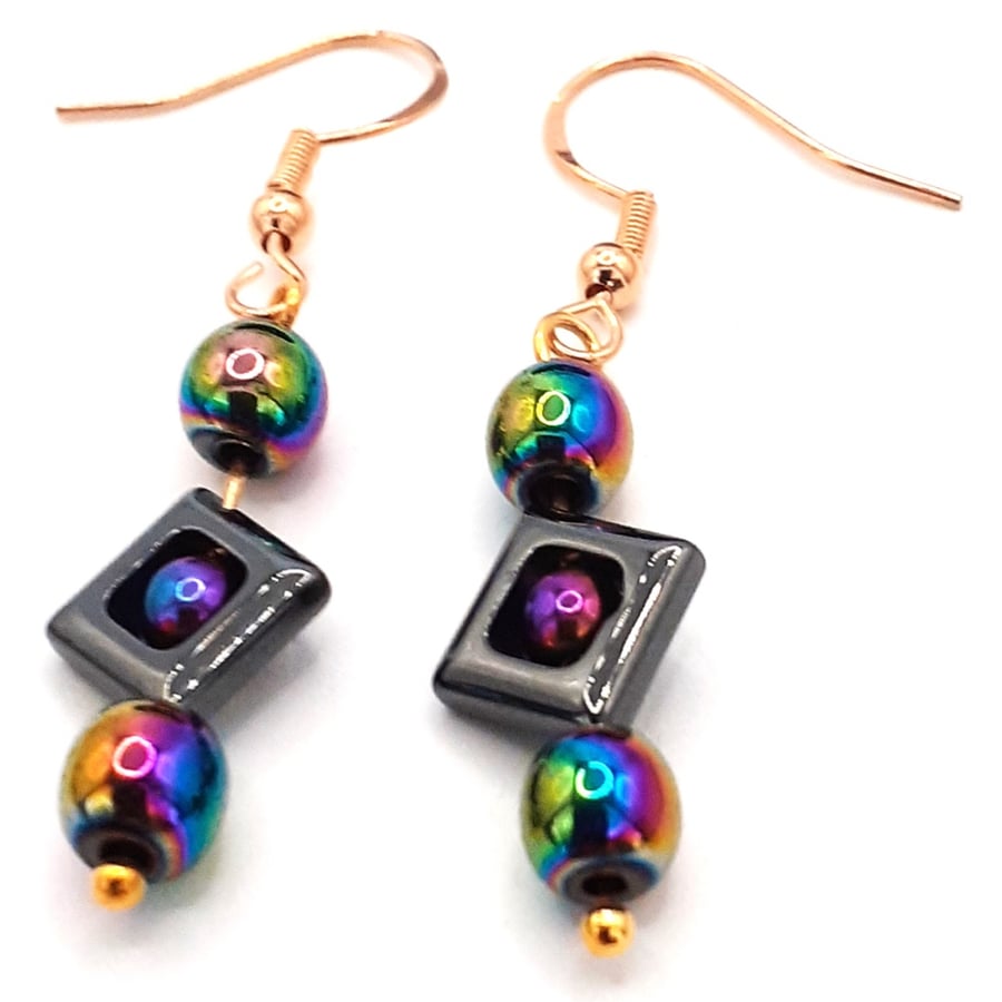 Harmonize Your Style: Handcrafted Hematite Earrings with Aurora Borealis Accent