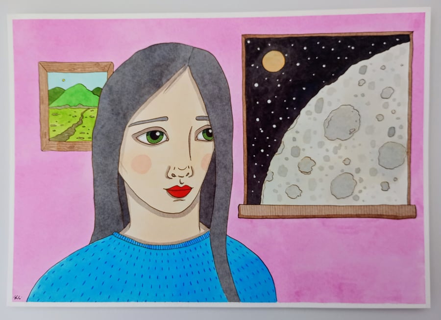 Moon & Pink Room - Original Watercolour Ink Painting on Paper