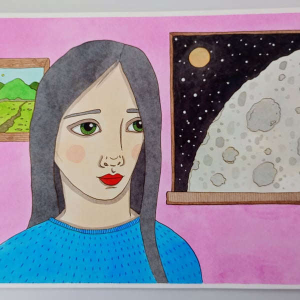Moon & Pink Room - Original Watercolour Ink Painting on Paper