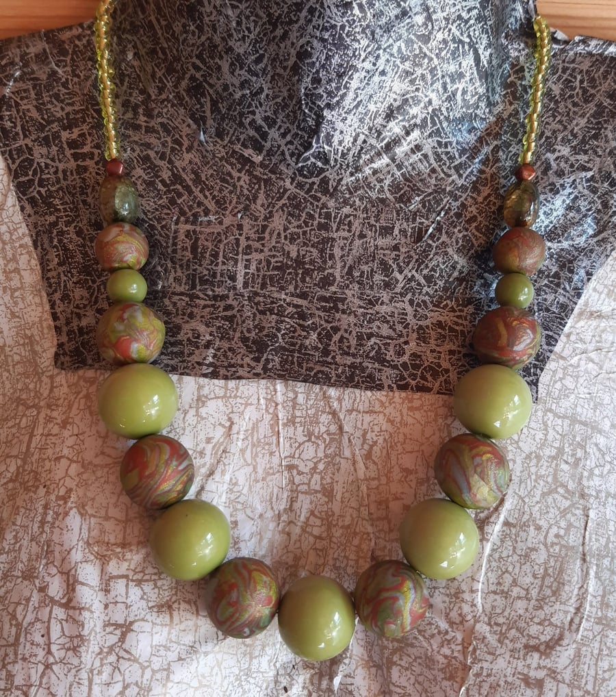 Metallic Green and Bronze  Polymer Clay Necklace - Handmade Swirl Beads 
