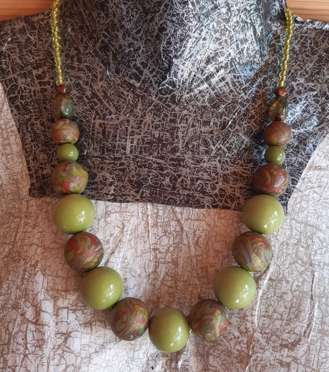 Metallic Green and Bronze  Polymer Clay Necklace - Handmade Swirl Beads 