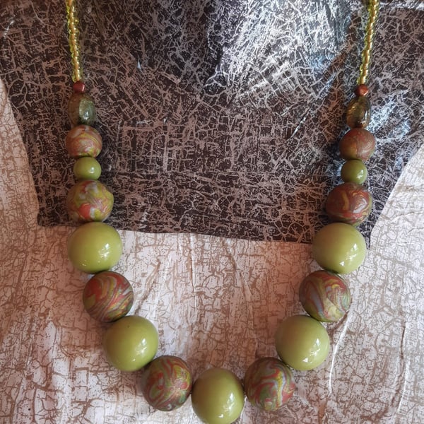 Metallic Green and Bronze  Polymer Clay Necklace - Handmade Swirl Beads 