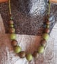 Metallic Green and Bronze  Polymer Clay Necklace - Handmade Swirl Beads 