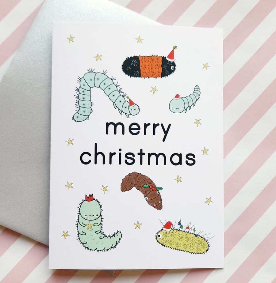 caterpillar A6 chrismas card, cute christmas card, nature lover, wildlife lover
