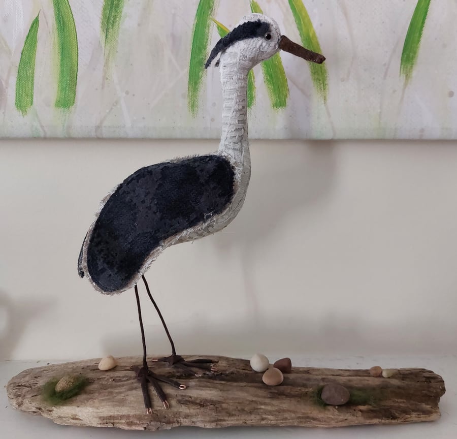 Heron on driftwood sculpture ornament decoration 