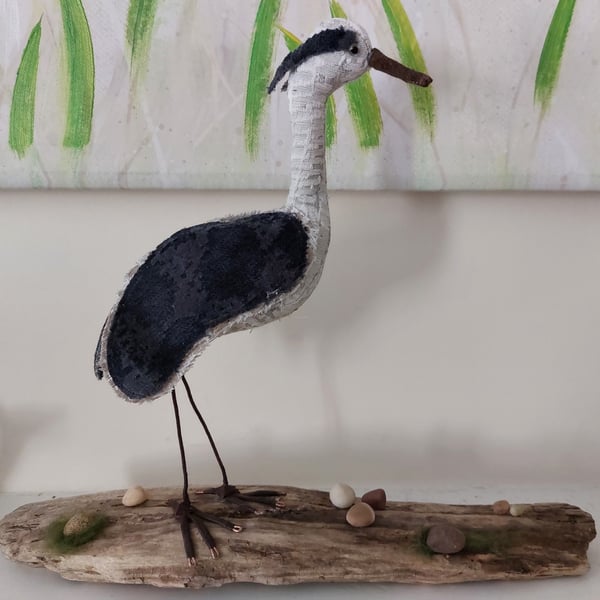 Heron on driftwood sculpture ornament decoration 