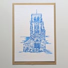 Orignal Durham Cathedral Blue Ink Painting A6