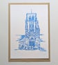 Orignal Durham Cathedral Blue Ink Painting A6