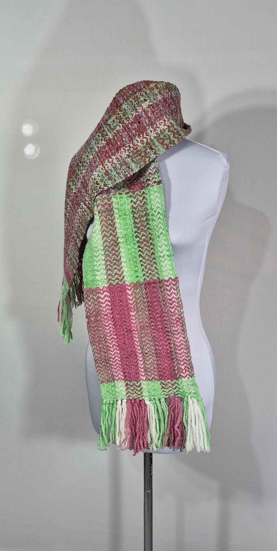 16.Handwoven LongWool Scarf In Light Greens And A Mix Of Pinks.