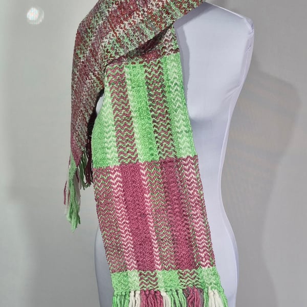 Handwoven LongWool Scarf In Light Greens And A Mix Of Pinks.
