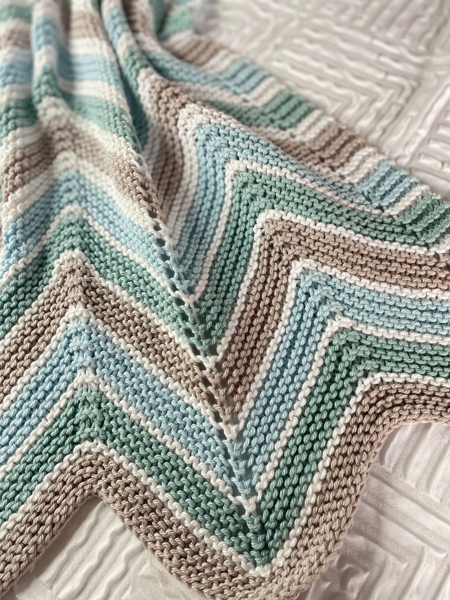 Blue, green, white and taupe chevron striped baby blanket in 100% cotton 