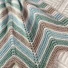 Blue, green, white and taupe chevron striped baby blanket in 100% cotton 