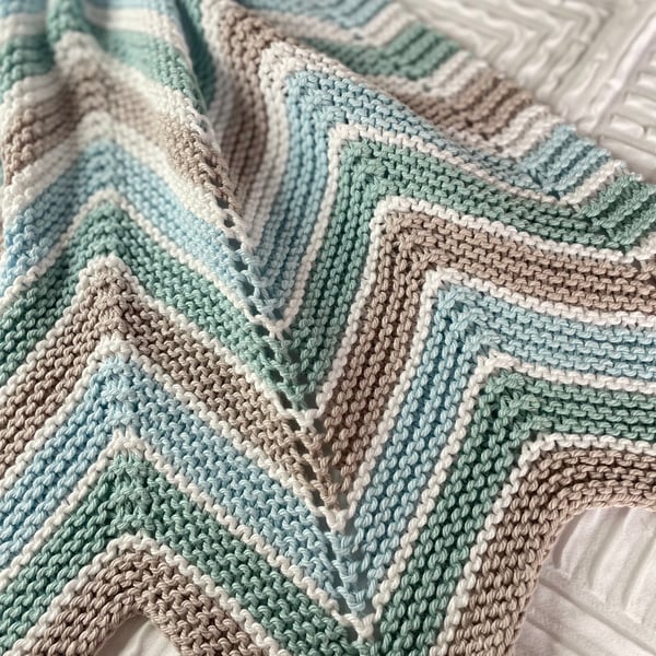 Blue, green, white and taupe chevron striped baby blanket in 100% cotton 