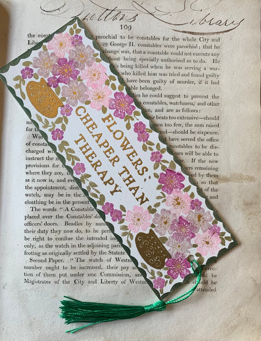 Flowers: Cheaper Than Therapy Handmade Bookmark