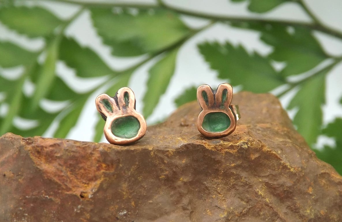 Recycled Copper Bunny Rabbit Head Stud Earrings.