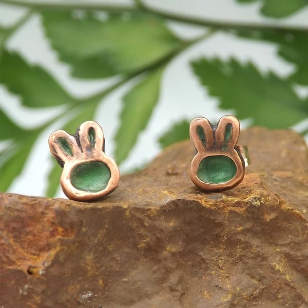 Recycled Copper Bunny Rabbit Head Stud Earrings.