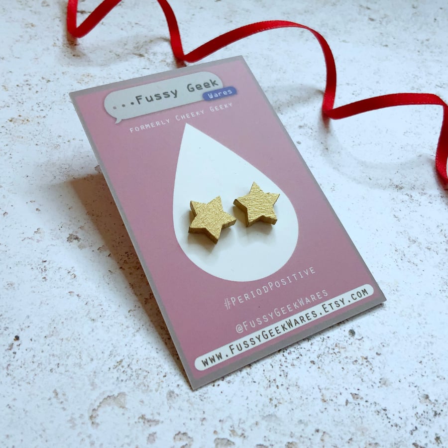 Gold star earrings, hand painted wooden studs with sterling silver posts
