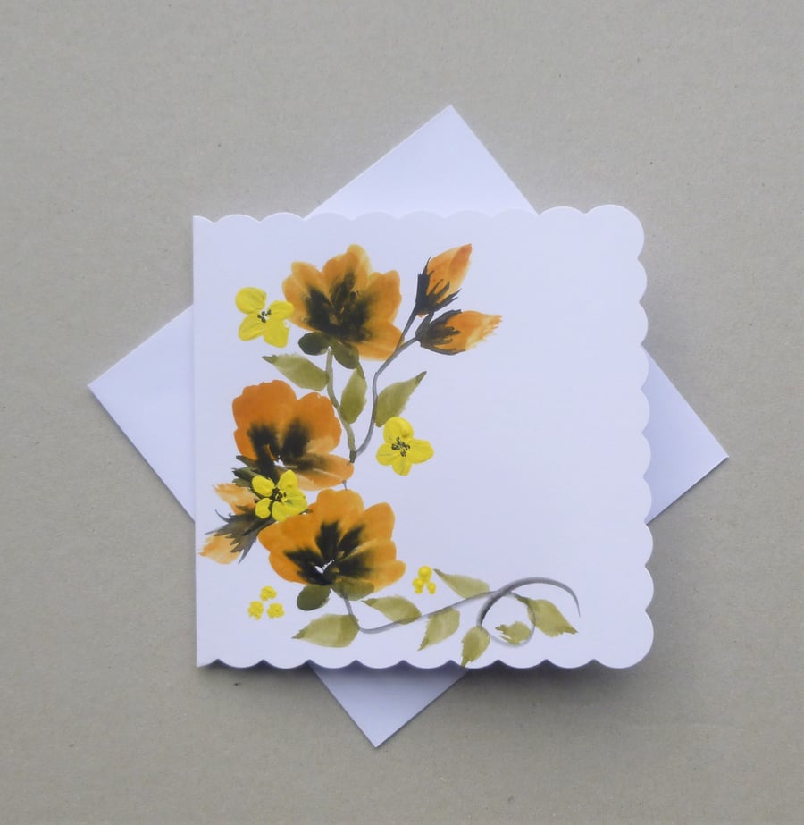 greetings card hand painted original art floral blank card (F438.G4 )
