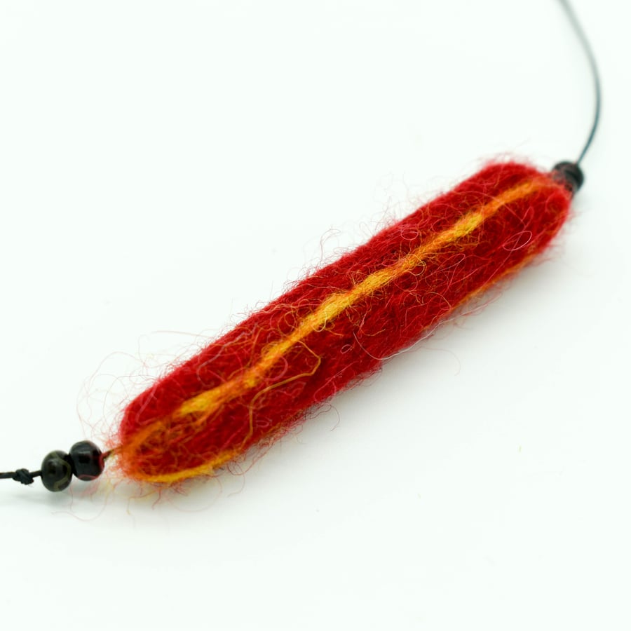 Felted bead necklace in red and yellow wool
