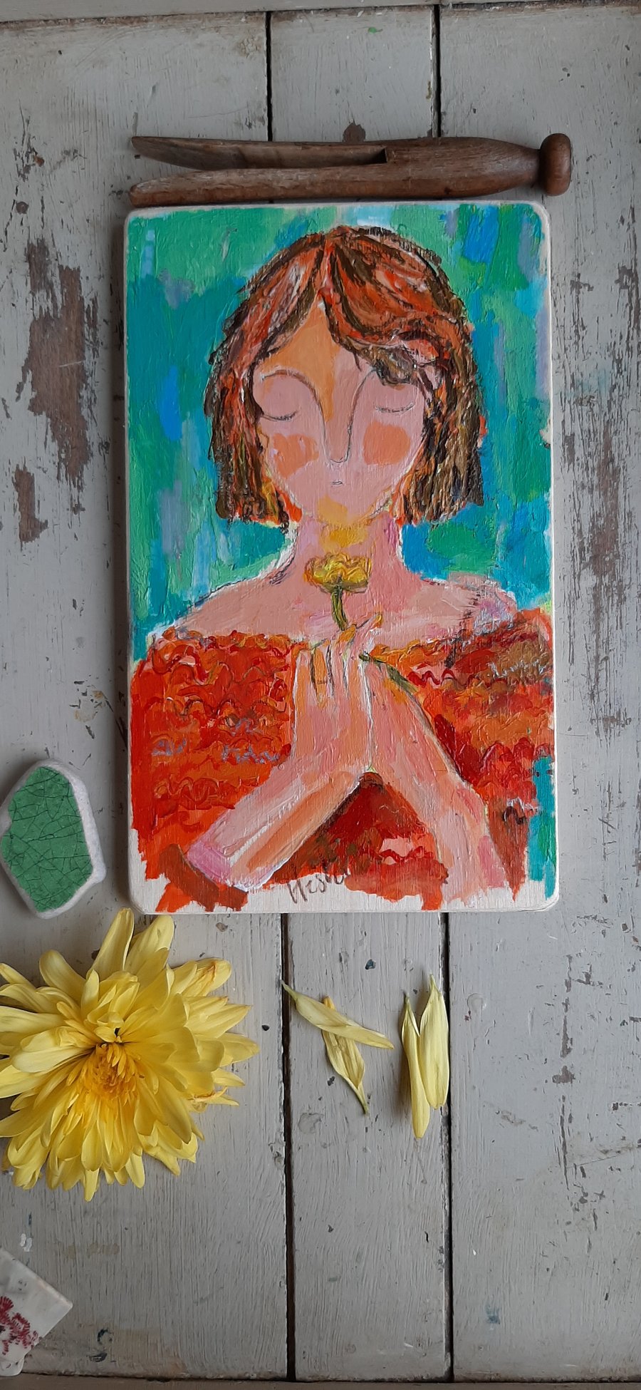 Small acrylic mixed media painting 'Chin Up Buttercup '