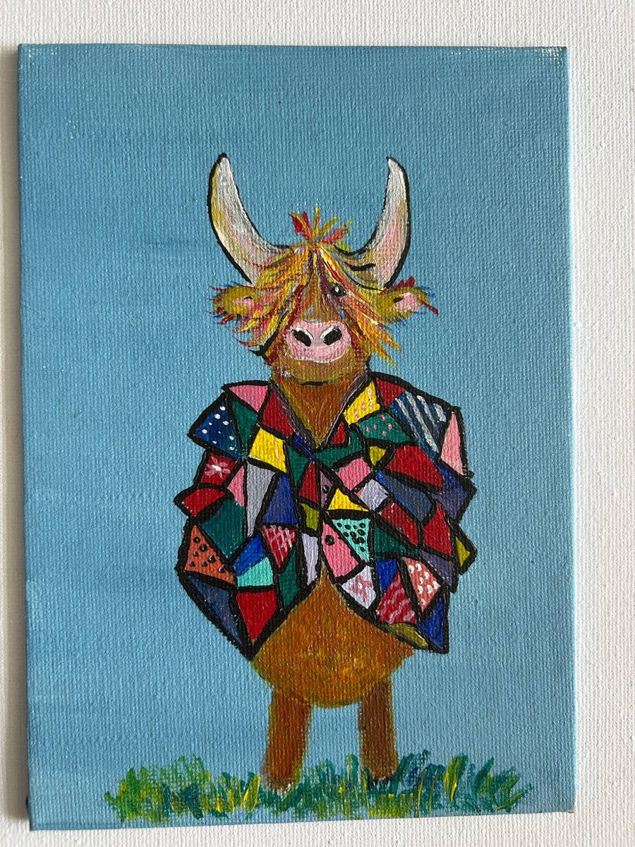 Original Highland cow in acrylics 5x7" with mini easel 