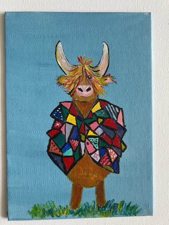 Original Highland cow in acrylics 5x7" with mini easel 