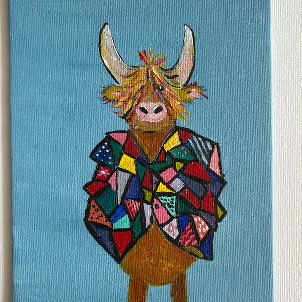 Original Highland cow in acrylics 5x7" with mini easel 