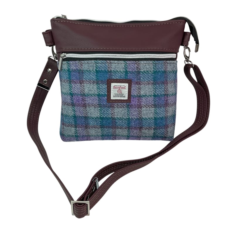 Genuine leather and Harris tweed handbag in wine red 