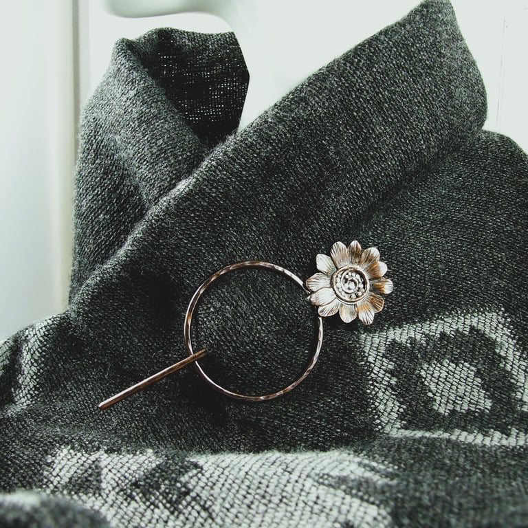 Copper and Sterling Silver Flower Shawl Pin