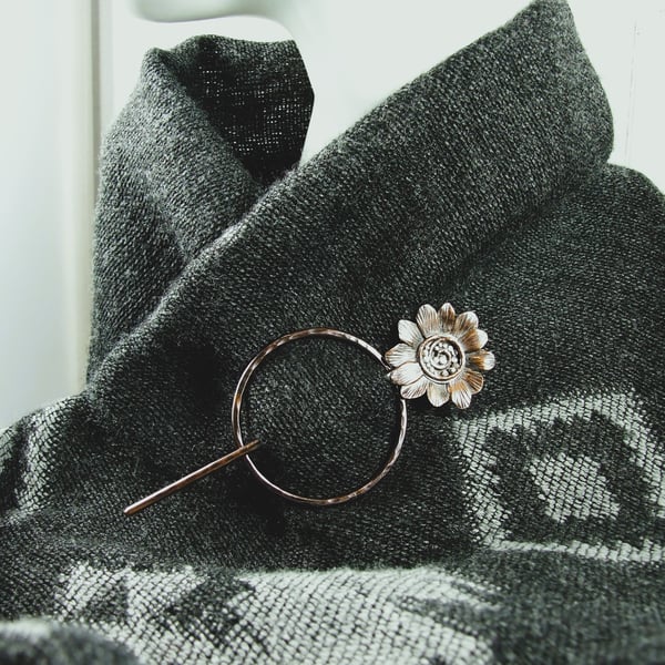 Copper and Sterling Silver Flower Shawl Pin