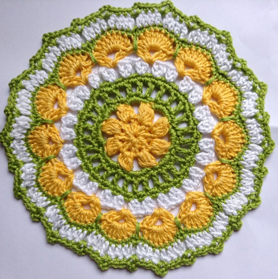 Crochet Mandala Doily Table Mat  in White,Yellow and Green