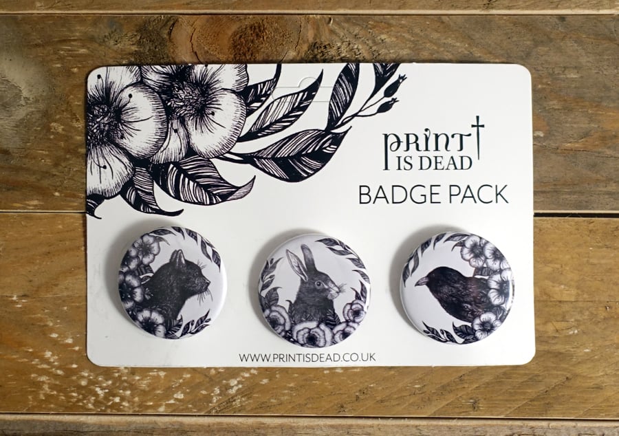 Set of 3 Button Badges - Hare, Raven, Black Cat Illustrations, Botanical