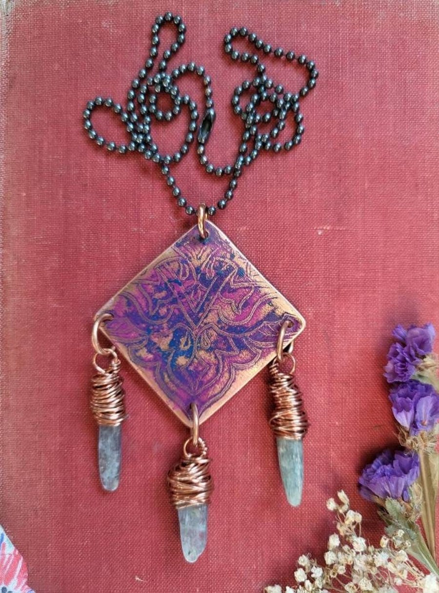 Handmade etched copper pendant with colourful mandala design and kyanite charms