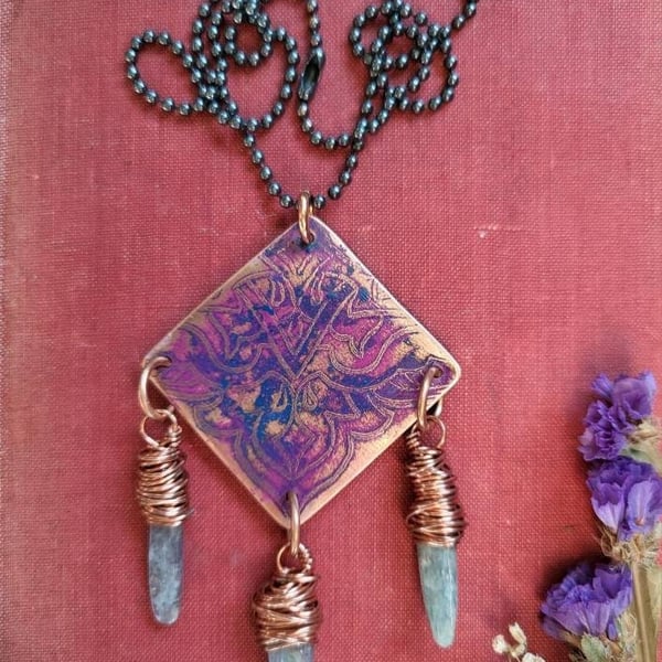 Patina necklace, kyanite pendant, copper and crystal jewellery, kyanite necklace