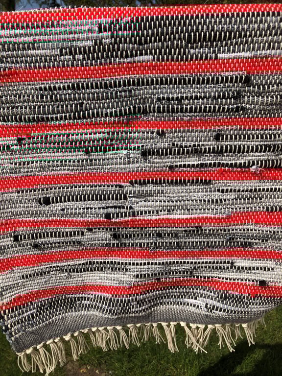 Handwoven Grey Black & Red Rag Rug