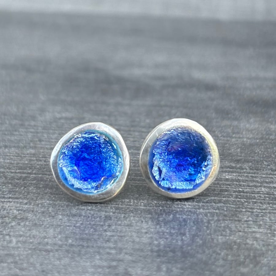 Enamel Studs, blue Freeform studs, gift for her, enamel jewellery, blue enamel, 