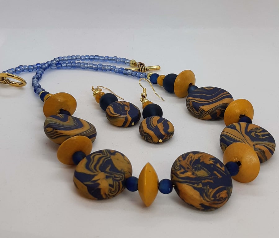 Mustard and navy necklace and earrings set