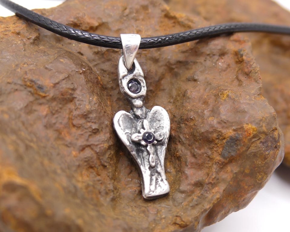 Recycled Fine Silver Angel with Cross & Two Amethyst Gemstones Pendant Necklace.