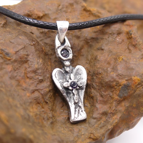Recycled Fine Silver Angel with Cross & Two Amethyst Gemstones Pendant Necklace.