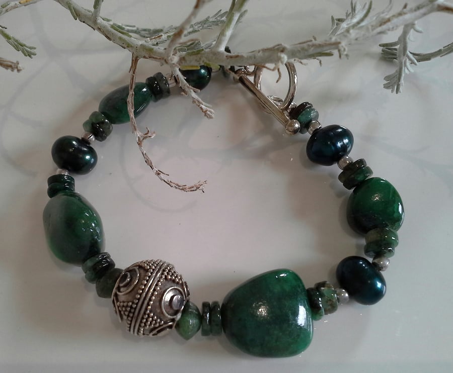 Natural Untreated Emerald Sterling Silver Bracelet