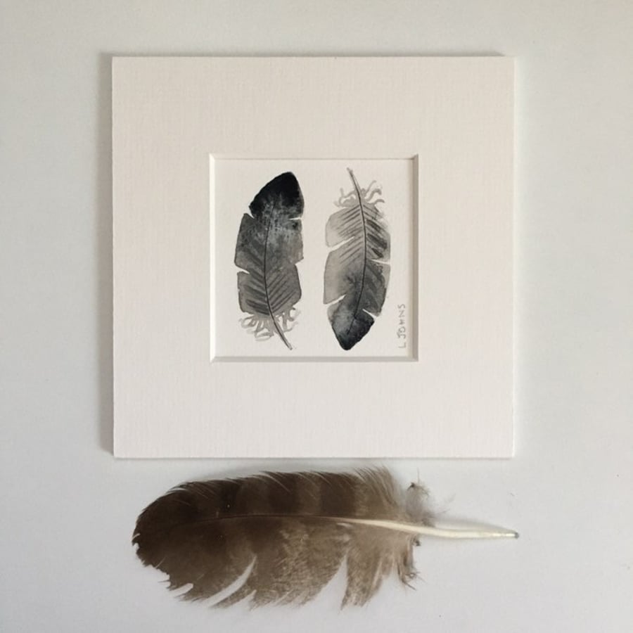 Original Still life watercolour and ink painting Feathers 