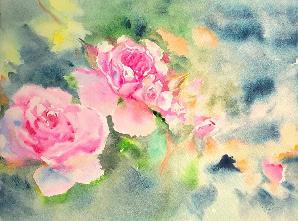Original Pink Tea Roses Watercolor Painting - Floral Flower Wall Art Signed